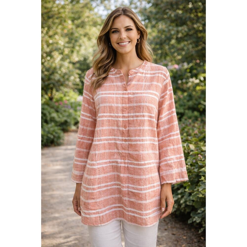 Joan Rivers Button Up Shirt Pink Plaid 100% Cotton Henley Neck Long Sleeve Sz M